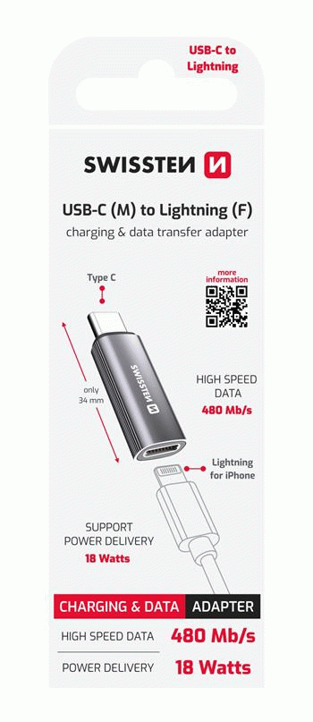 NABÍJECÍ ADAPTÉR SWISSTEN USB-C / LIGHTNING, STŘÍBRNÁ