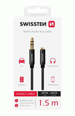 AUDIO KABEL SWISSTEN TEXTILE 3,5 mm JACK - 3,5 mm JACK, 1,5 M, ČERNÁ