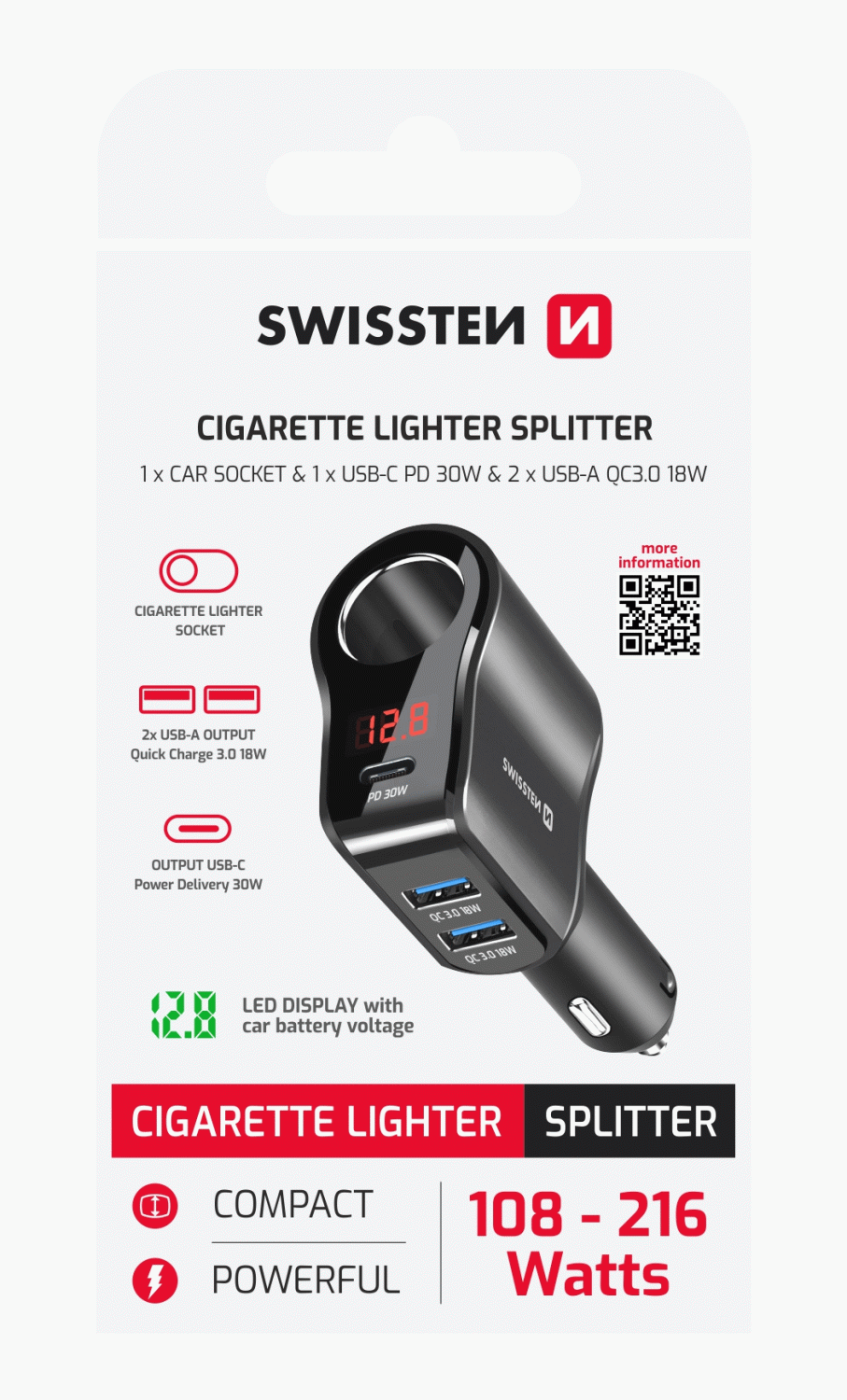 AUTOADAPTÉR SWISSTEN S VÝSTUPEM 1x CL, 1x UCB-C PD a 2x USB-A, 108W - 216W, ČERNÁ