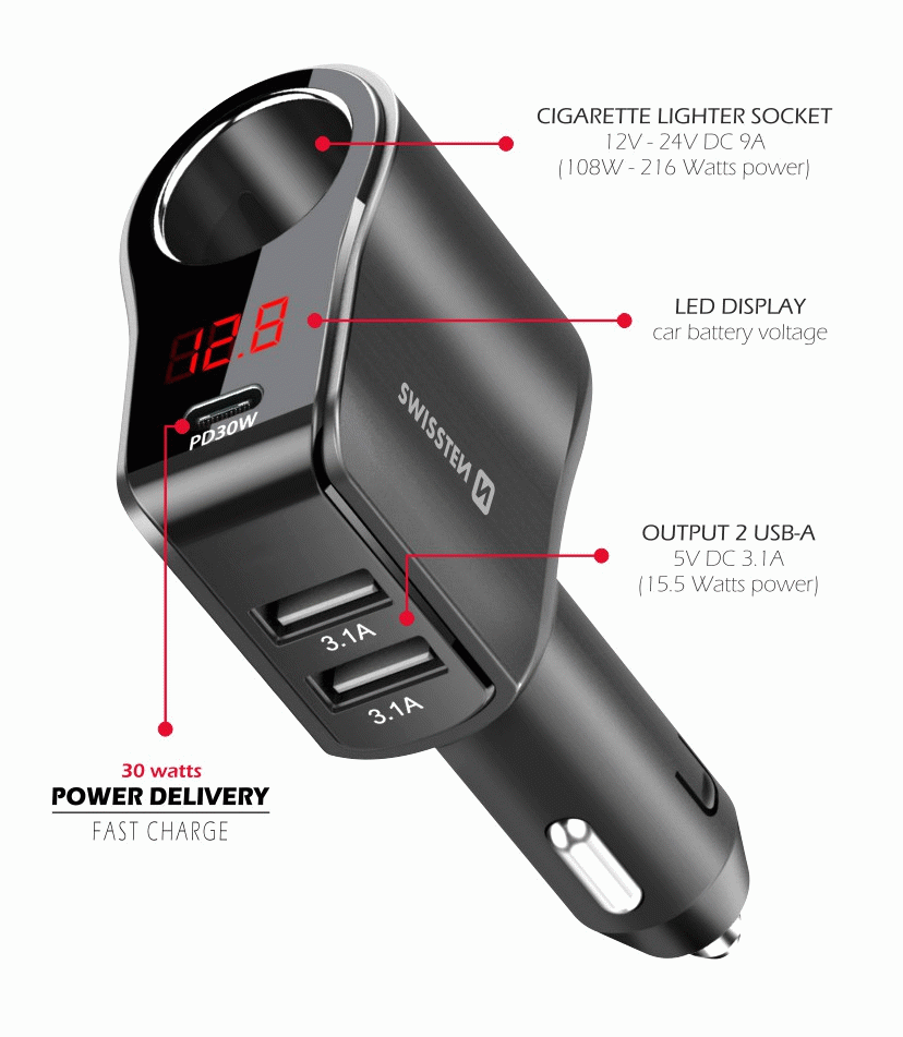 AUTOADAPTÉR SWISSTEN S VÝSTUPEM 1x CL, 1x UCB-C PD a 2x USB-A, 108W - 216W, ČERNÁ