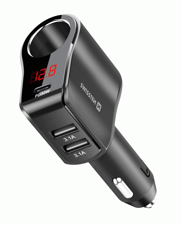 AUTOADAPTÉR SWISSTEN S VÝSTUPEM 1x CL, 1x UCB-C PD a 2x USB-A, 108W - 216W, ČERNÁ