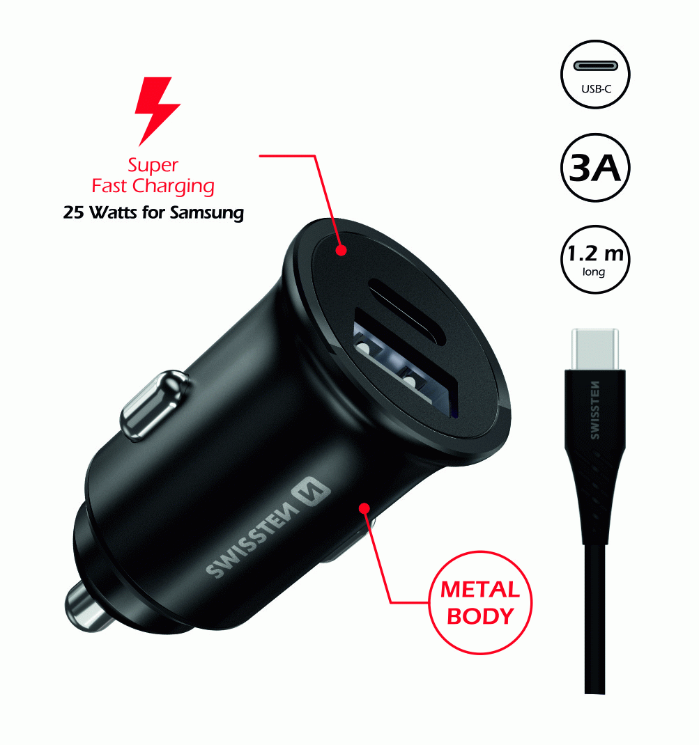 SWISSTEN CL PRO SAMSUNG SUPER FAST CHARGING 25W + KABEL USB-C/USB-C 1,2 M, ČERNÁ