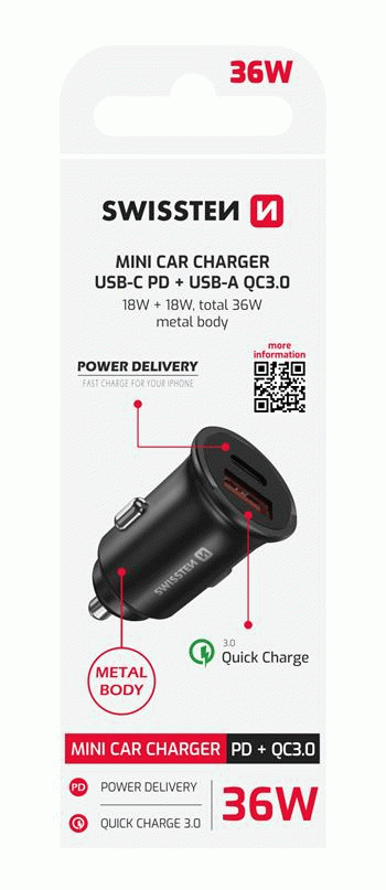 SWISSTEN CL ADAPTÉR POWER DELIVERY USB-C + QUICK CHARGE 3.0 36W METAL, ČERNÁ