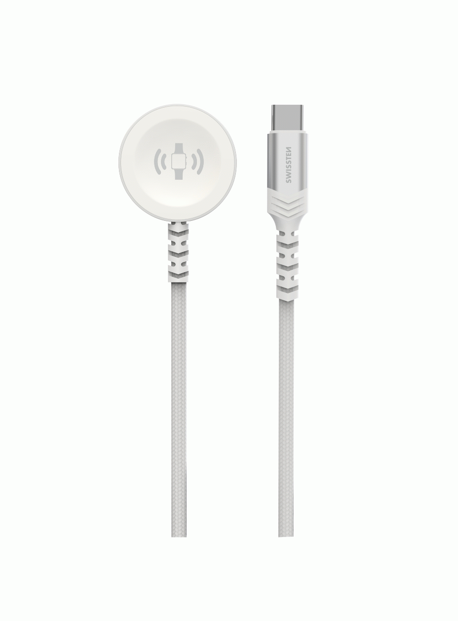 SWISSTEN OPLETENÝ MAGNETICKÝ KABEL PRO APPLE WATCH KOVOVÝ, USB-C 1.2 M, BÍLÁ