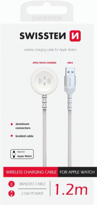 SWISSTEN OPLETENÝ MAGNETICKÝ KABEL PRO APPLE WATCH KOVOVÝ, USB-A 1.2 M, BÍLÁ