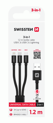 SWISSTEN DATOVÝ KABEL TEXTILE 3in1 1,2 M, Lightning, 2x USB-C, ČERNÁ