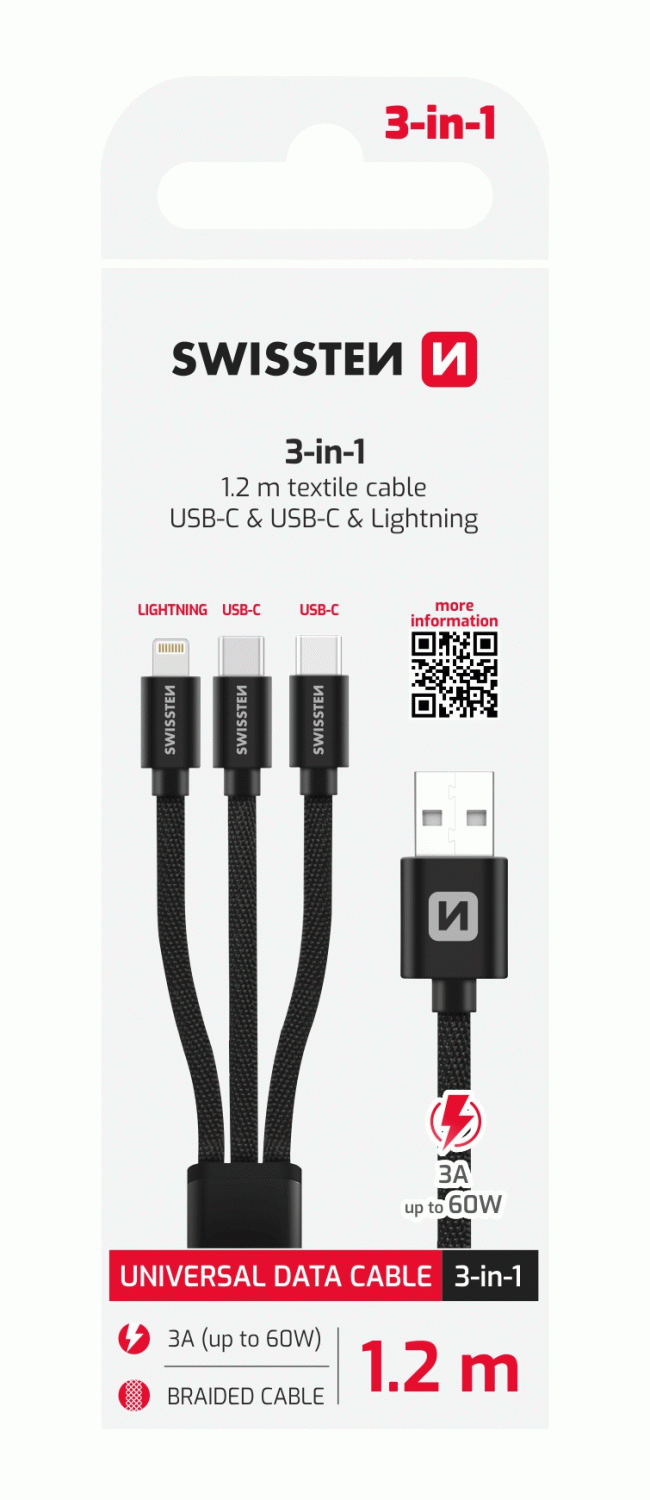 SWISSTEN DATOVÝ KABEL TEXTILE 3in1 1,2 M, Lightning, 2x USB-C, ČERNÁ