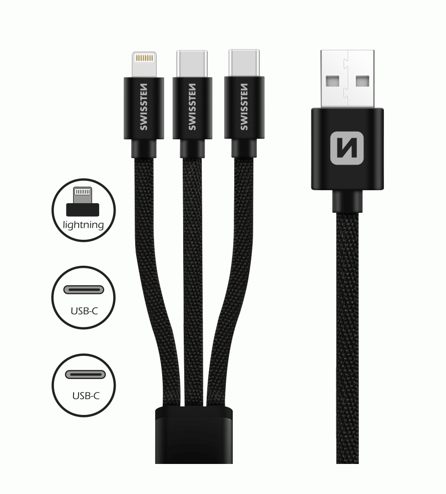 SWISSTEN DATOVÝ KABEL TEXTILE 3in1 1,2 M, Lightning, 2x USB-C, ČERNÁ
