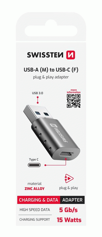 ADAPTER SWISSTEN USB-A(M)/USB-C(F), ČERNÁ