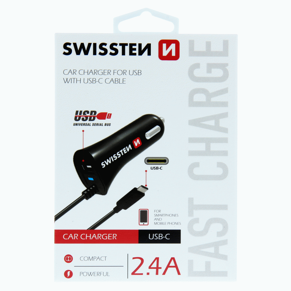 AUTONABÍJEČKA SWISSTEN CL USB-C A USB 2,4A POWER, ČERNÁ