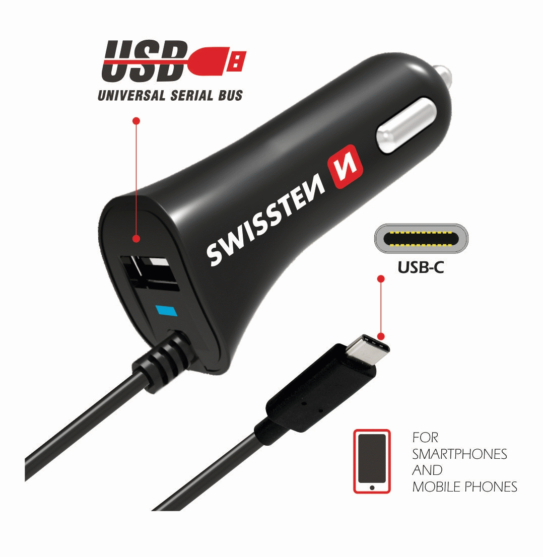 AUTONABÍJEČKA SWISSTEN CL USB-C A USB 2,4A POWER, ČERNÁ