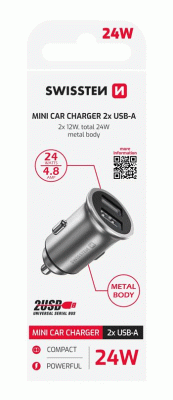 ADAPTÉR SWISSTEN CL 2x USB 4,8A METAL, STŘÍBRNÁ