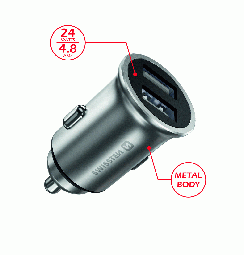 ADAPTÉR SWISSTEN CL 2x USB 4,8A METAL, STŘÍBRNÁ
