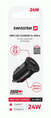 ADAPTÉR SWISSTEN 2x USB 4,8A METAL, ČERNÁ