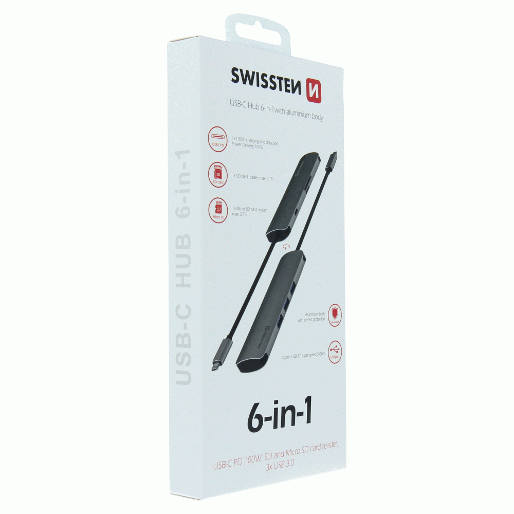 SWISSTEN USB-C HUB 6-IN-1 USB-C PD, 3X USB 3.0, SD, MICRO SD ALUMINIUM