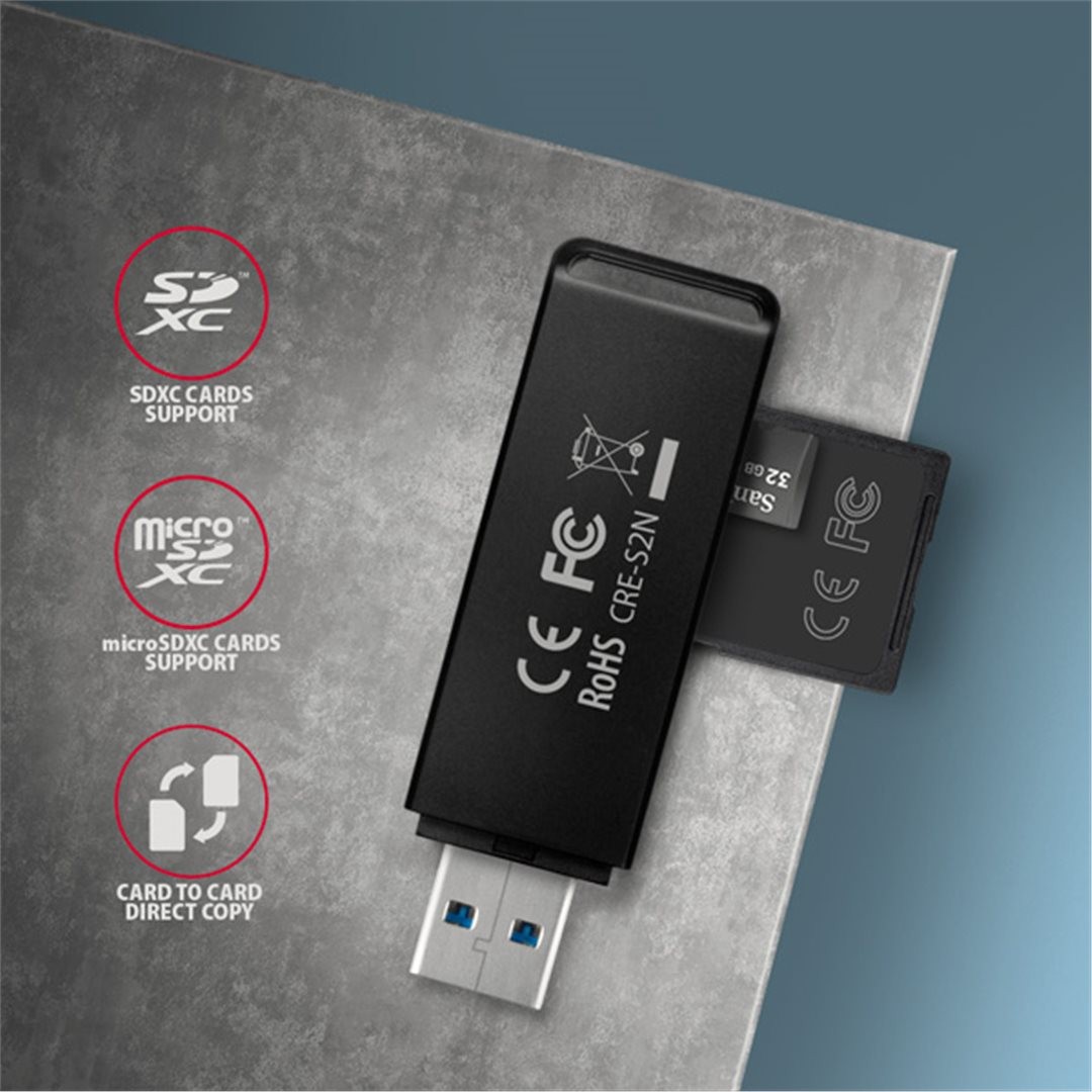 Čtečka karet AXAGON CRE-S2N, USB-A 3.2 Gen 1 - SUPERSPEED, 2-slot & lun SD/microSD, podpora UHS-I