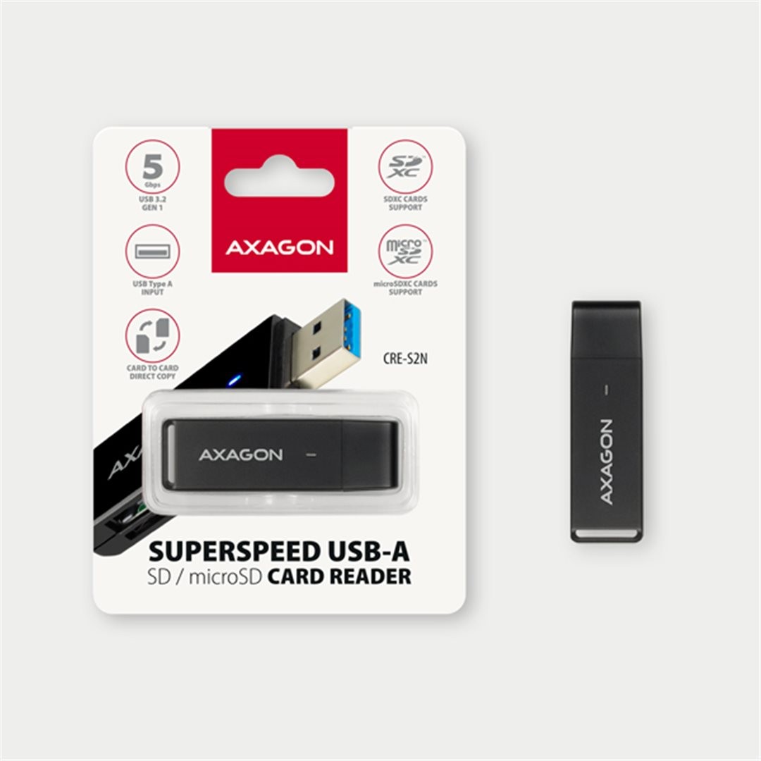 Čtečka karet AXAGON CRE-S2N, USB-A 3.2 Gen 1 - SUPERSPEED, 2-slot & lun SD/microSD, podpora UHS-I