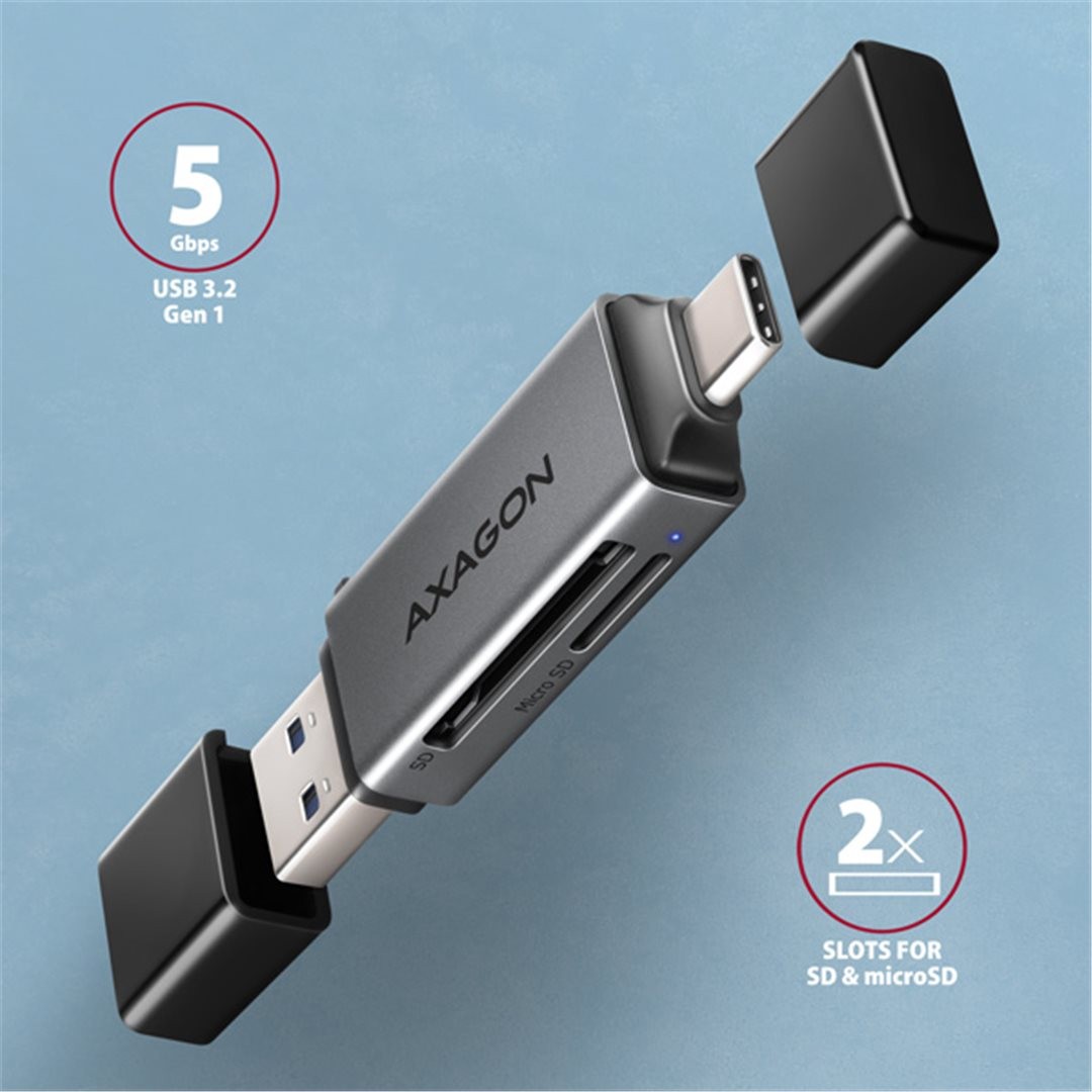 MINI čtečka karet AXAGON CRE-DAC, USB-C + USB-A, 5 Gbps - 2-slot & lun SD/microSD, podpora UHS-I