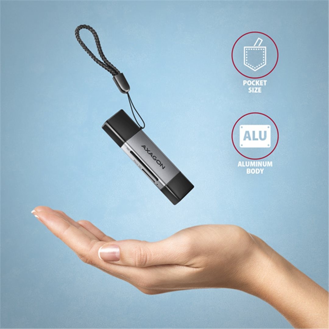 MINI čtečka karet AXAGON CRE-DAC, USB-C + USB-A, 5 Gbps - 2-slot & lun SD/microSD, podpora UHS-I