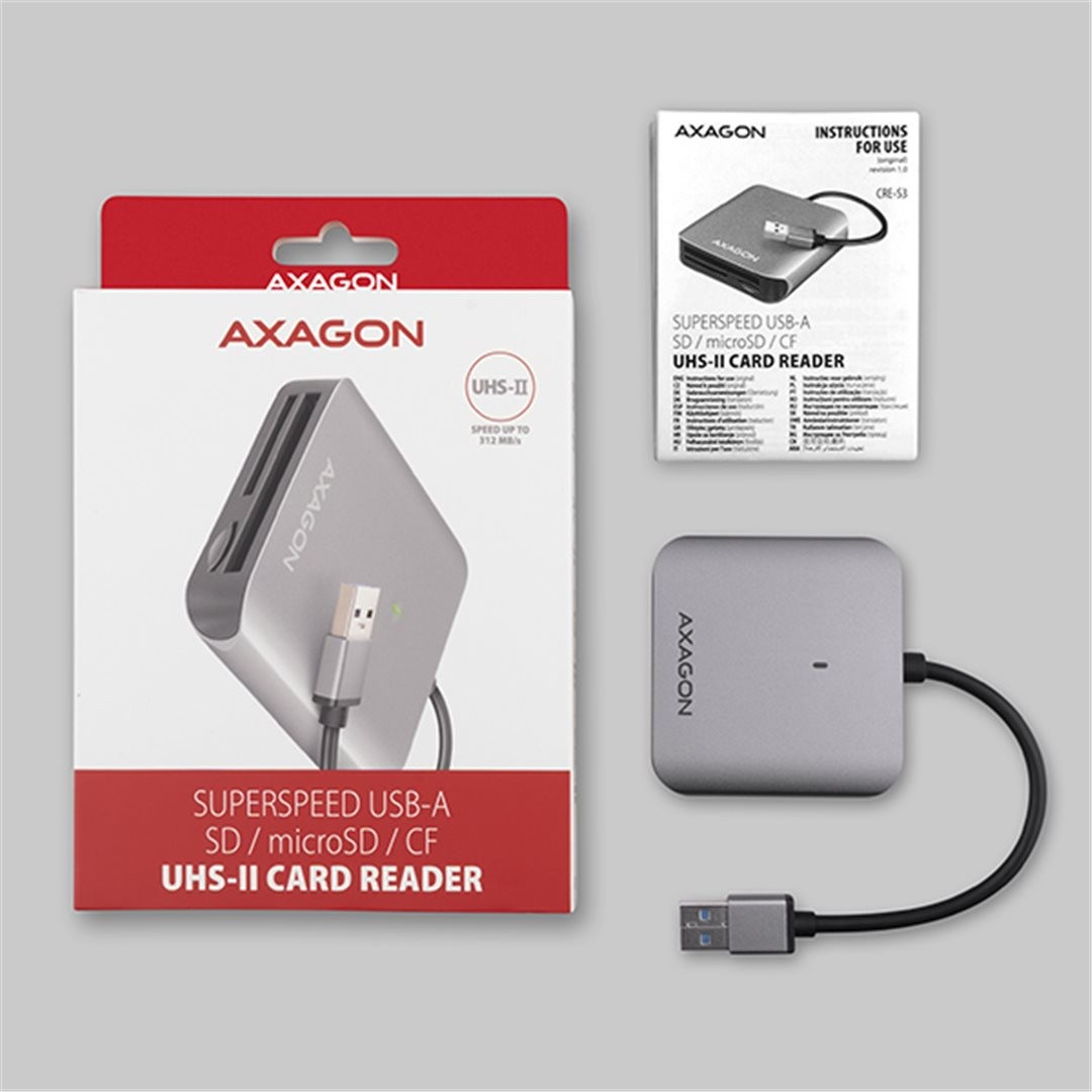 AXAGON CRE-S3, USB-A 3.2 Gen 1 - SUPERSPEED čtečka karet, 3-slot & lun SD/microSD/CF, podpora UHS-II