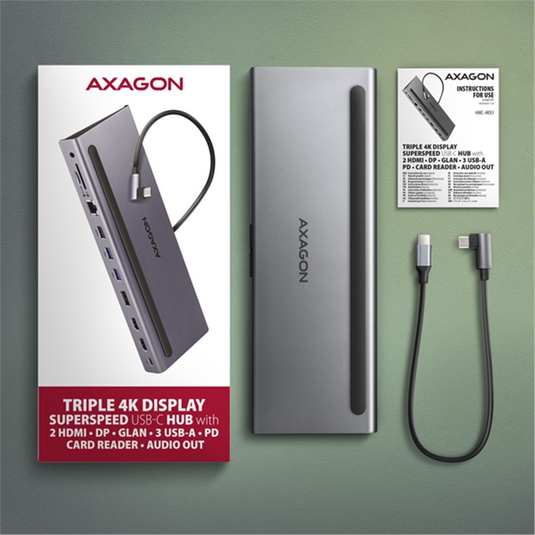 AXAGON HMC-4KX3 USB 5Gbps hub, 3x USB-A, 2x HDMI, DP, RJ-45, SD/microSD, audio, PD 100W, kabel 40cm