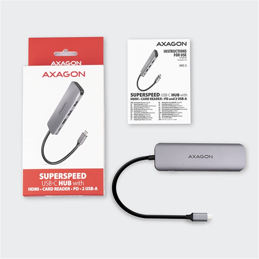 AXAGON HMC-5, USB 3.2 Gen 1 hub, porty 2x USB-A, HDMI, SD/microSD slot, PD 100W, kabel USB-C 20cm