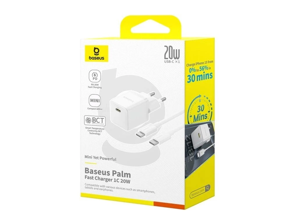 Nabíječka USB-C 20W + Datový Kabel USB-C/USB-C Baseus Palm Fast, 1m, bílá
