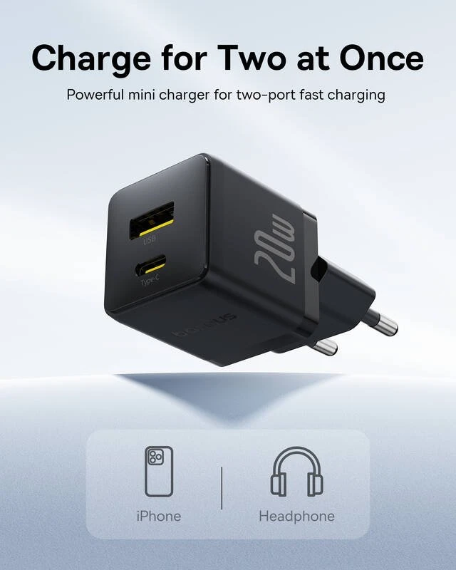 Nabíječka USB-A + USB-C Baseus Palm Fast 20W, černá