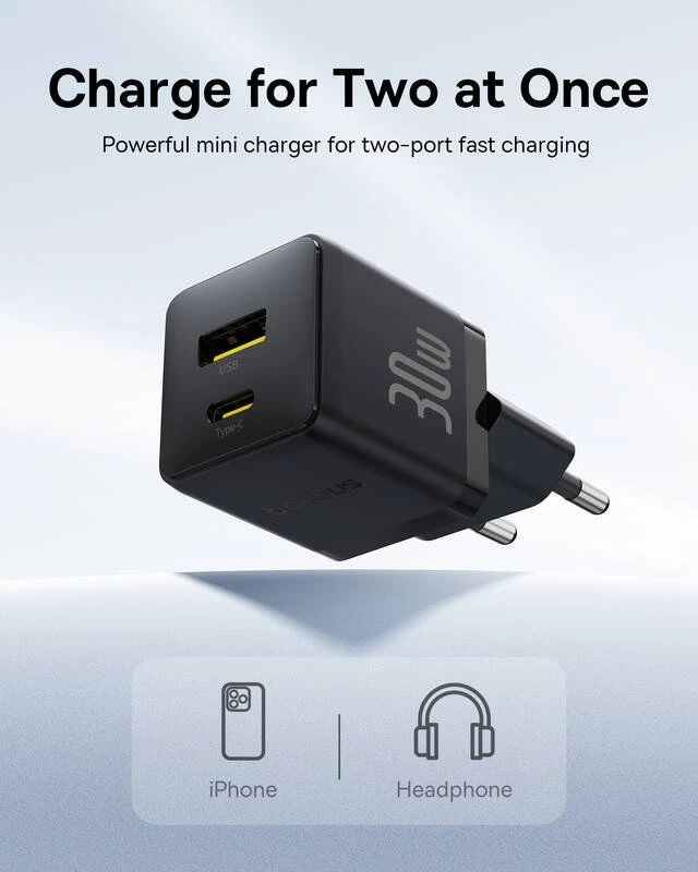 Nabíječka USB-A + USB-C Baseus Palm Fast 30W, černá