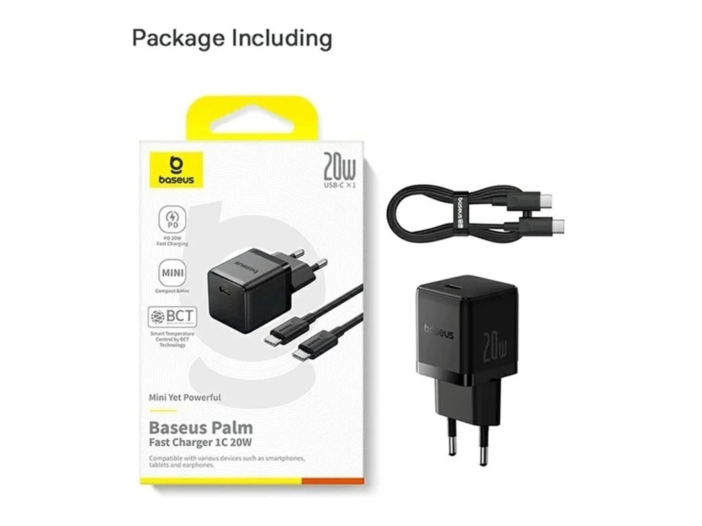 Nabíječka USB-C 20W + Datový Kabel USB-C/USB-C Baseus Palm Fast, 1m, černá