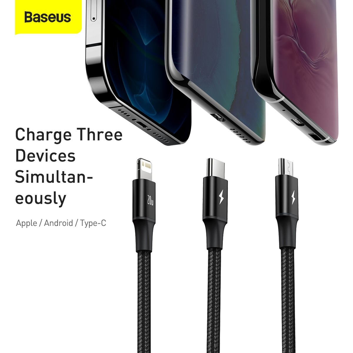 Datový kabel Baseus Rapid Series 3v1 Fast Charging USB-C - USB-C/Lightning/MicroUSB 20W 1.5m, černá