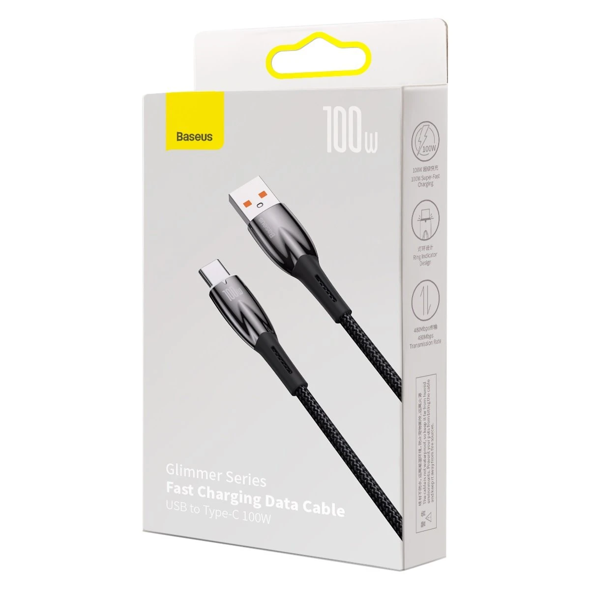 Datový kabel Baseus Glimmer Series Fast Charging USB-A - USB-C 100W, 1m, černá