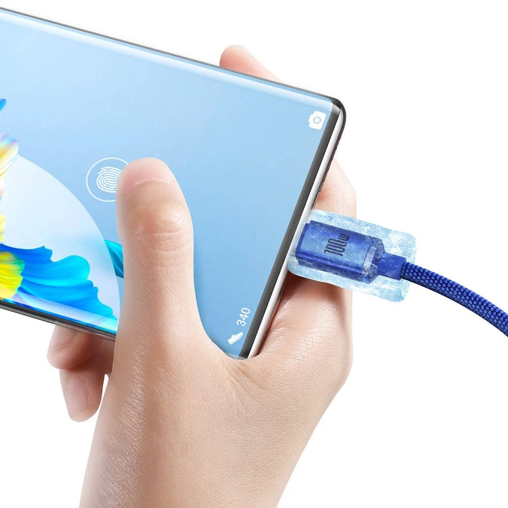 Datový kabel Baseus CAJY000403 Crystal Shine Series USB - USB-C 100W, 1,2m, modrá