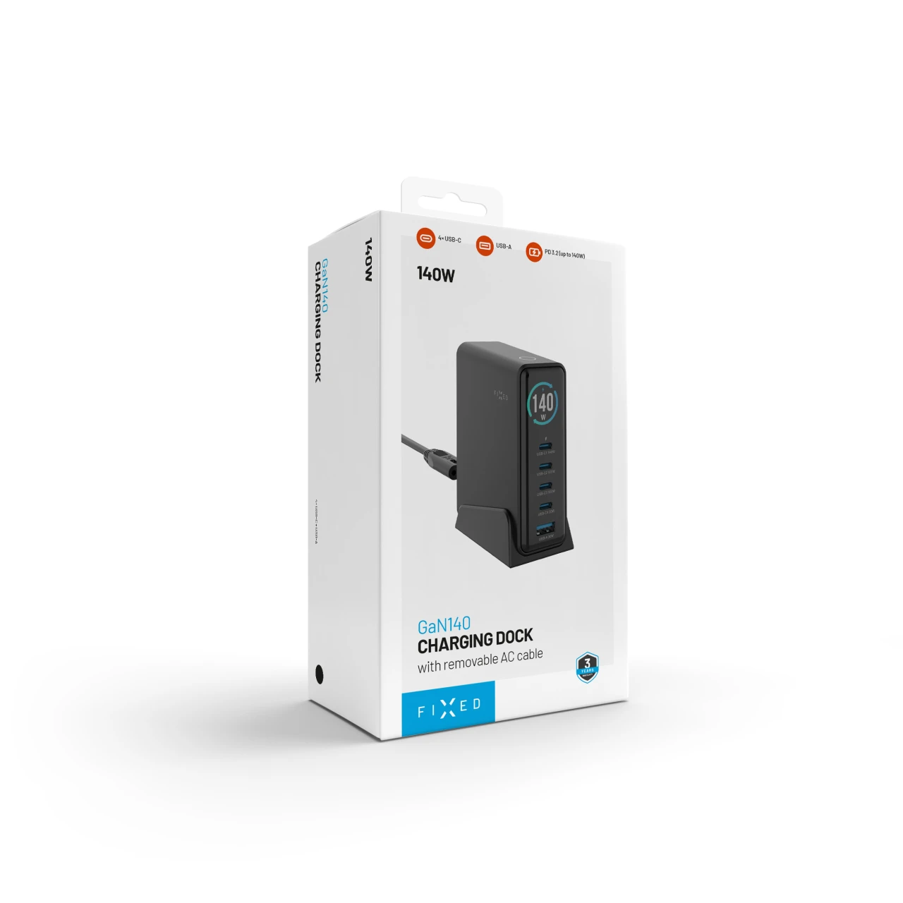 Dokovací GaN stanice FIXED s displejem, 4x USB-C a USB, PD 3.2, 140W, černá