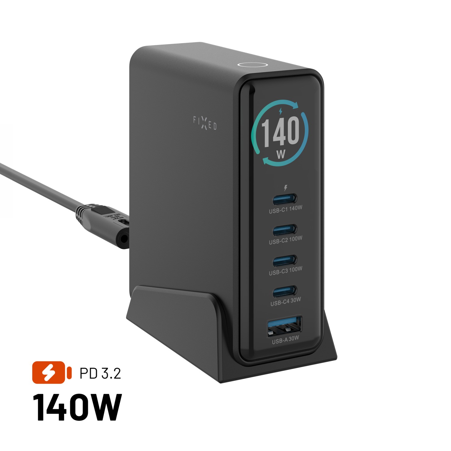 Dokovací GaN stanice FIXED s displejem, 4x USB-C a USB, PD 3.2, 140W, černá