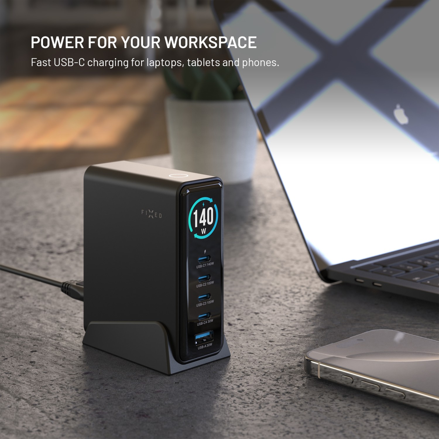 Dokovací GaN stanice FIXED s displejem, 4x USB-C a USB, PD 3.2, 140W, černá