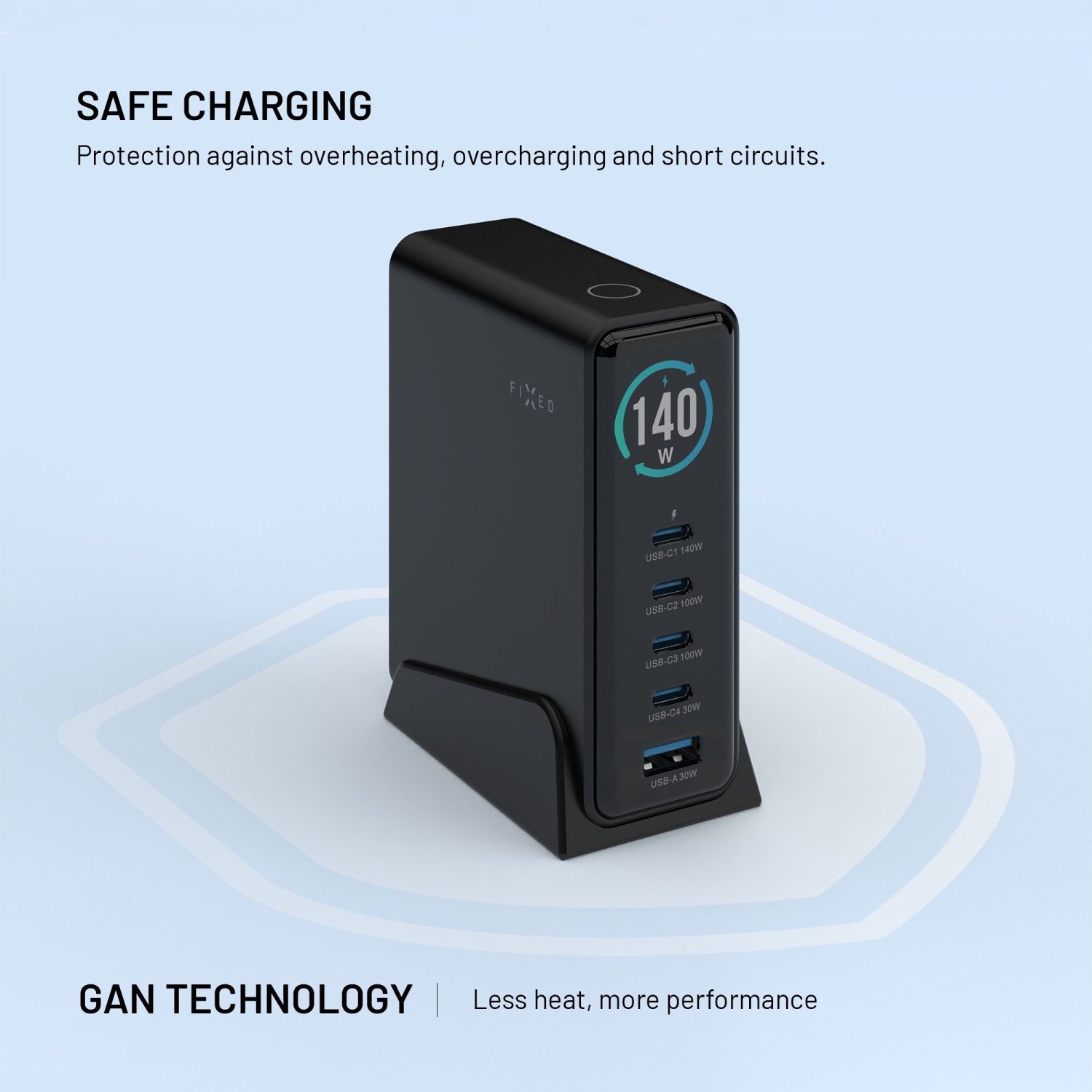 Dokovací GaN stanice FIXED s displejem, 4x USB-C a USB, PD 3.2, 140W, černá