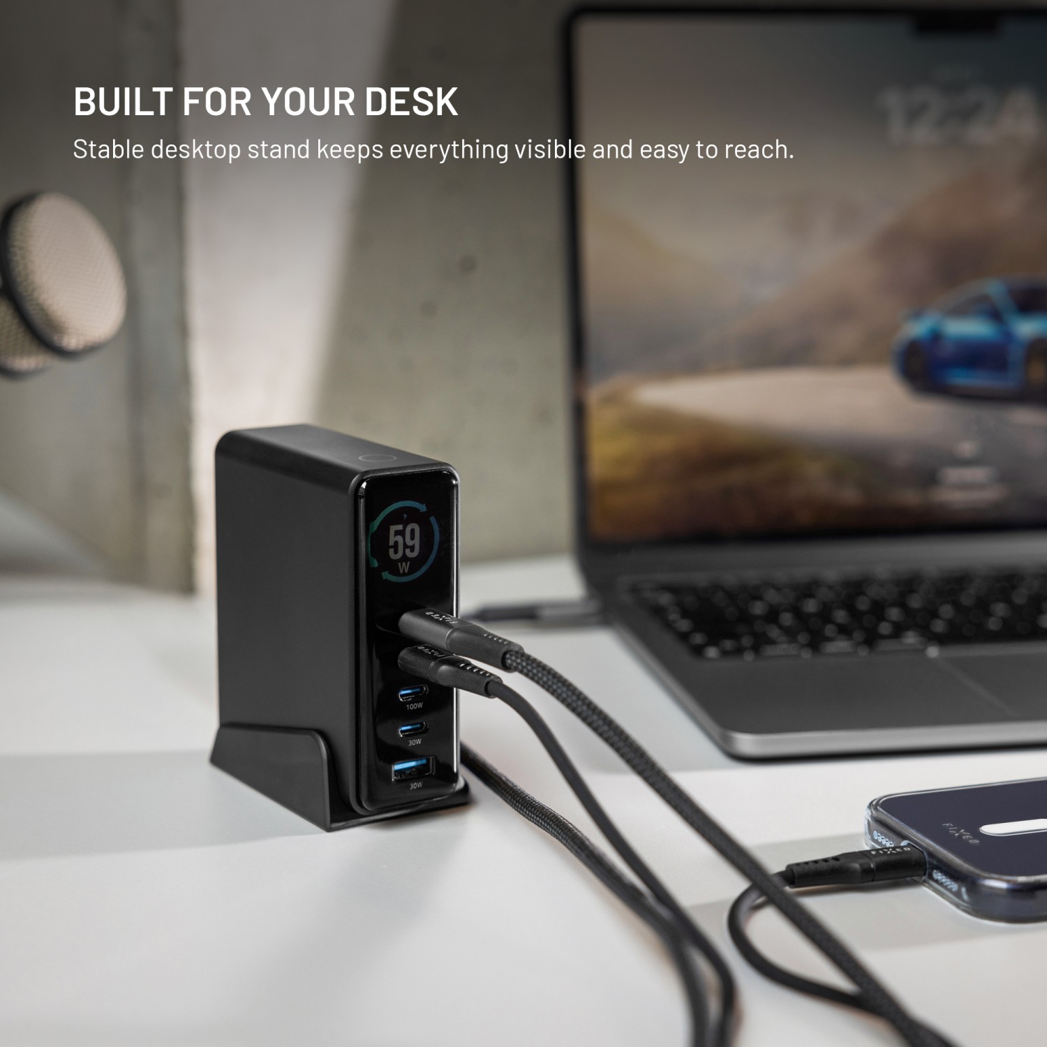 Dokovací GaN stanice FIXED s displejem, 4x USB-C a USB, PD 3.2, 140W, černá