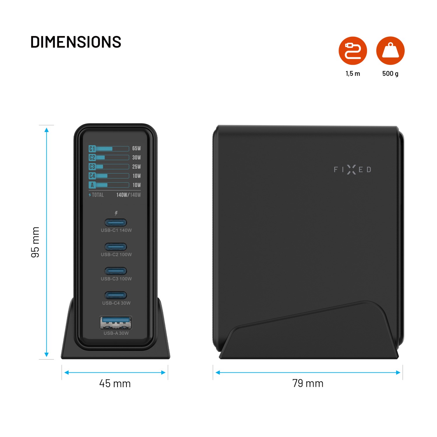 Dokovací GaN stanice FIXED s displejem, 4x USB-C a USB, PD 3.2, 140W, černá