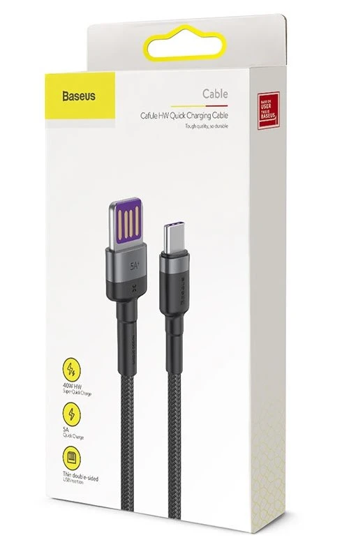 Datový kabel Baseus CATKLF-PG1 Cafule Quick Charging USB Double Sided to USB 40W 1m, šedá/černá