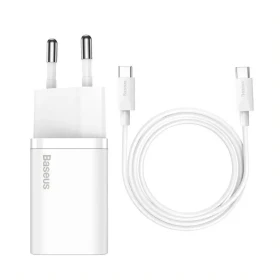 Nabíječka Baseus TZCCSUP-L02 Super Si Quick USB-C 25W + Datový Kabel USB-C to USB-C 1m, bílá