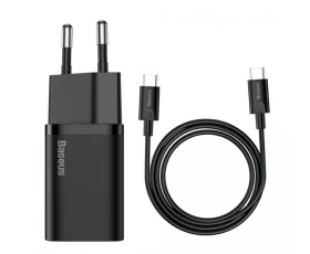 Nabíječka Baseus TZCCSUP-L01 Super Si Quick USB-C 25W + Datový Kabel USB-C to USB-C 1m, černá