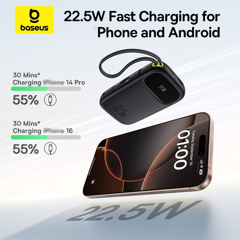 Powerbanka Baseus EnerFill FC31 Qpow 3 10000mAh, 22,5W, s kabelem USB-C a Lightning, černá
