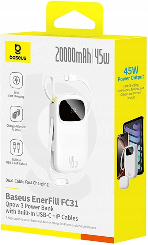 Powerbanka Baseus EnerFill FC31 Qpow 3 20000mAh, 45W, s kabelem USB-C a Lightning, bílá