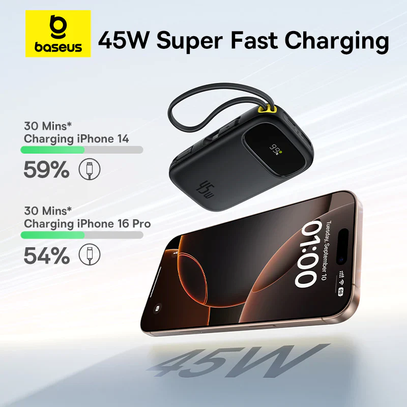 Powerbanka Baseus EnerFill FC31 Qpow 3 20000mAh, 45W, s kabelem USB-C a Lightning, černá