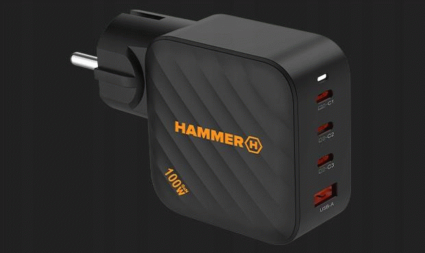 Nabíječka do sítě Hammer RapidCharge 100W, 1xUSB, 3xUSB-C, černá