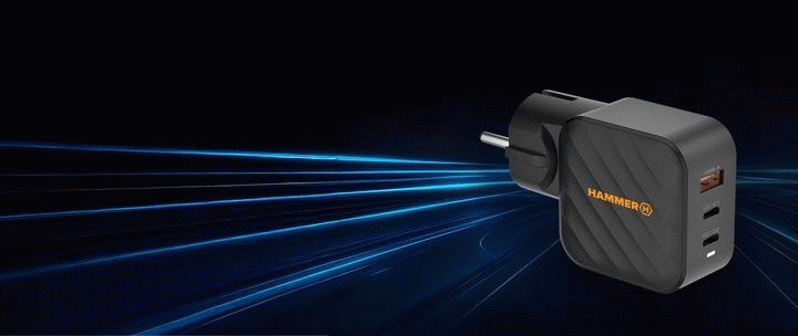 Nabíječka do sítě Hammer RapidCharge 65W, 1xUSB, 2xUSB-C, černá