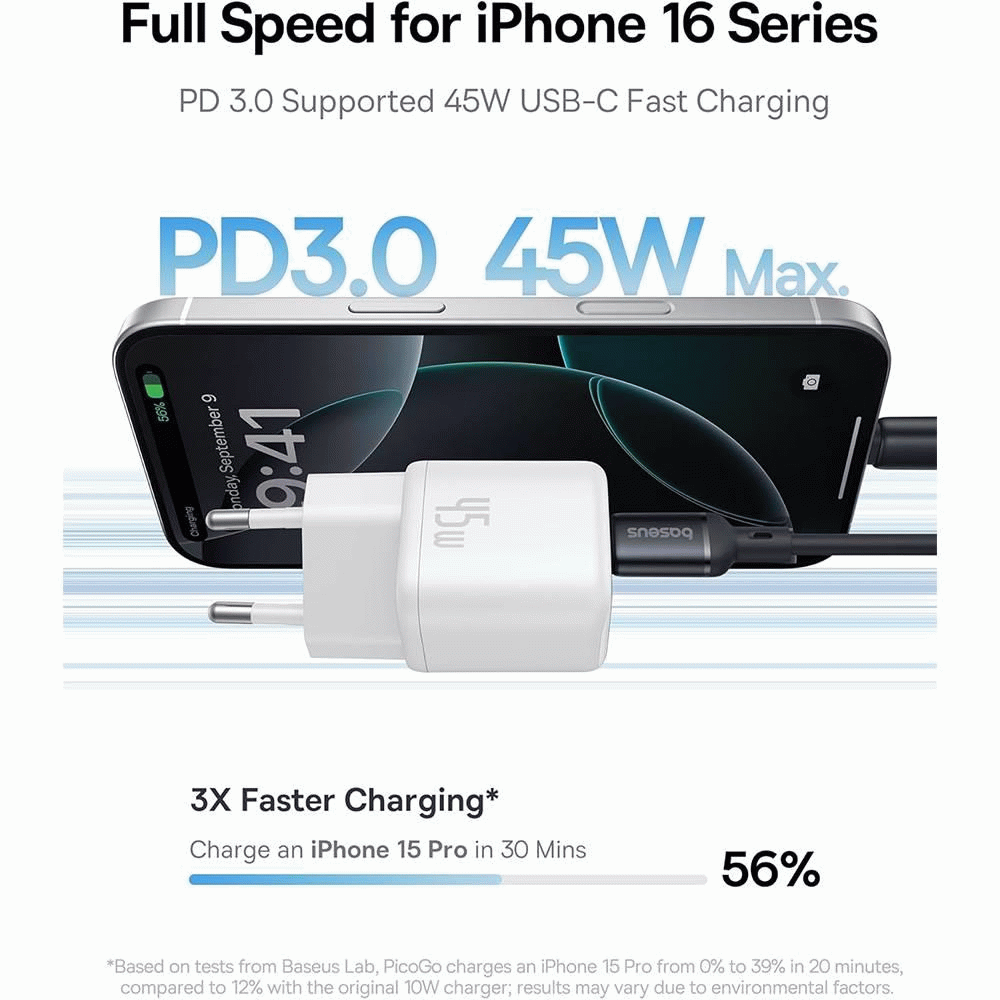 Nabíječka do sítě Baseus PicoGo 45W, 1xUSB-C, bílá