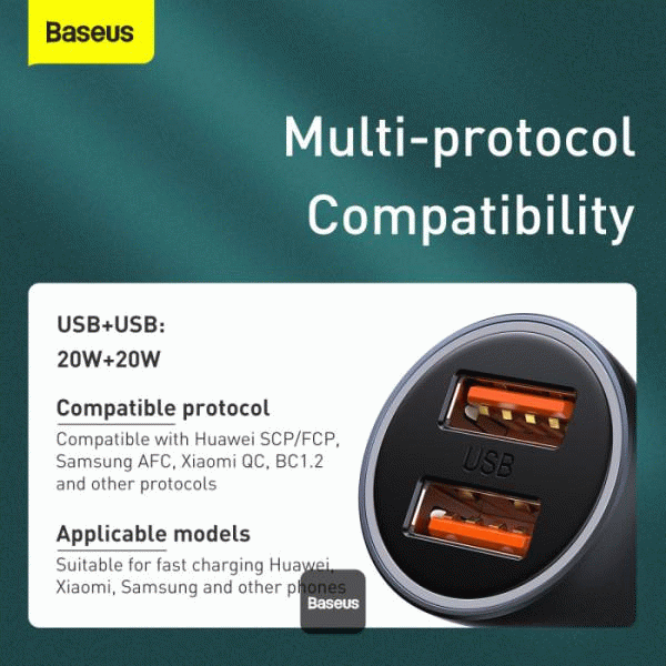 Nabíječka do auta Baseus Golden Contactor Pro s kabelem USB-C 1m 40W 2x USB, šedá