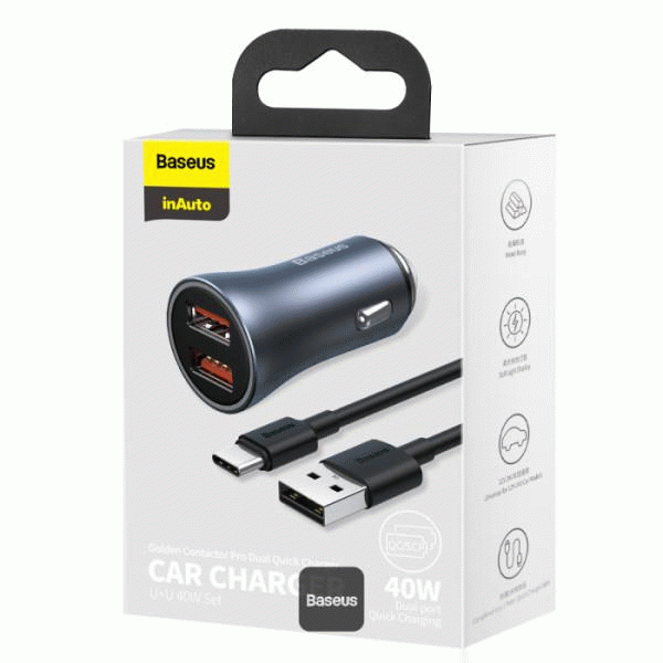 Nabíječka do auta Baseus Golden Contactor Pro s kabelem USB-C 1m 40W 2x USB, šedá